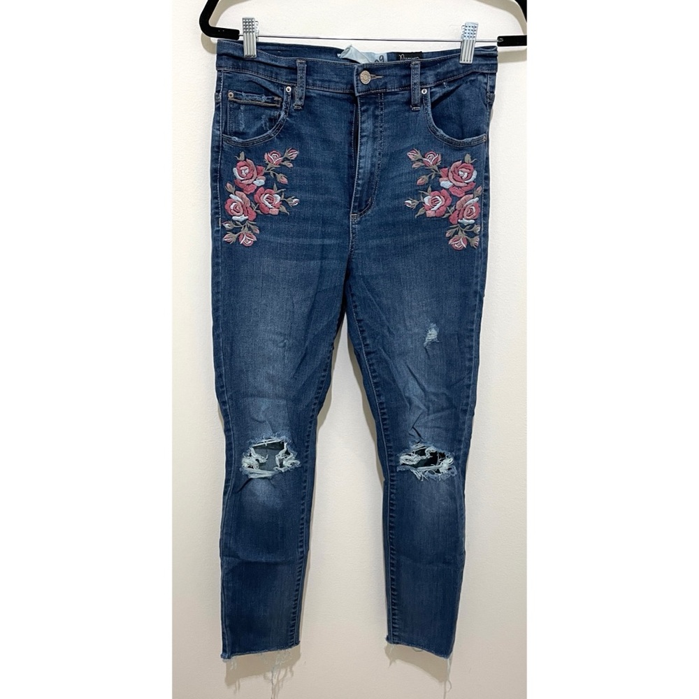 Found tear/damaged. Garage Blue Skinny Jeans with Floral Embroidery